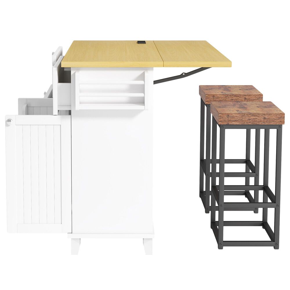 HOMLUX Farmhouse Kitchen Island with Drop Leaf and 2 Stools in White, Natural, Black and Rustic Brown, , large