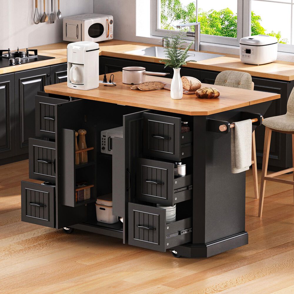 HOMLUX 56" Kitchen Island with Drop Leaf in Black, , large