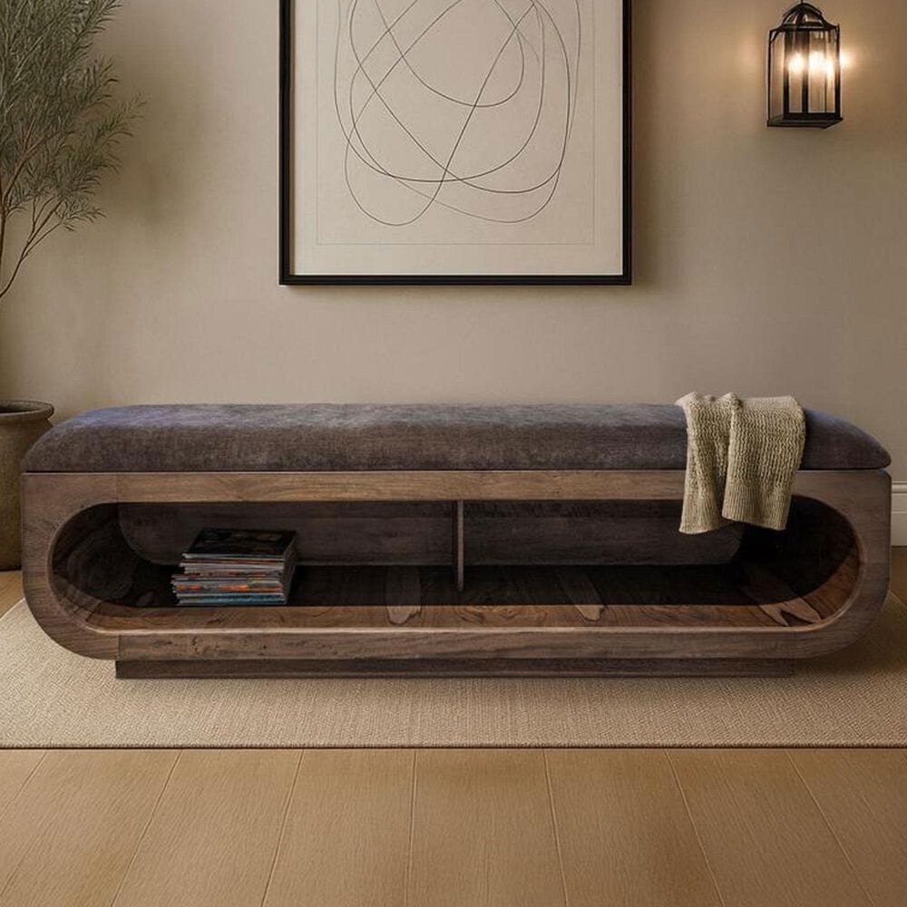 Fallridge Balam Wooden Bench with Fabric Cushion Seat in Brown, , large