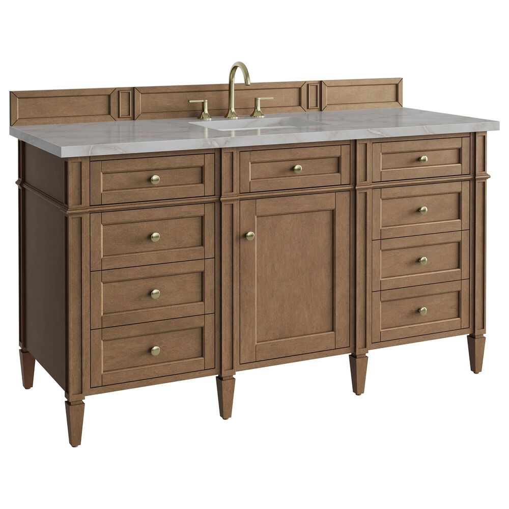 James Martin Brittany 60" Single Bathroom Vanity in Pecan with 3 cm Victorian Silver Silestone Top, Rectangular Sink and FreePower Wireless Charger, , large