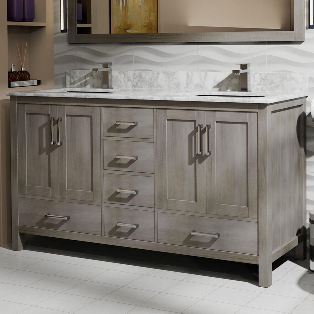 Lexora Home Jacques 60" Double Bathroom Vanity in Distressed Grey with 2 cm White Carrara Marble Top and Rectangular Sinks, , large