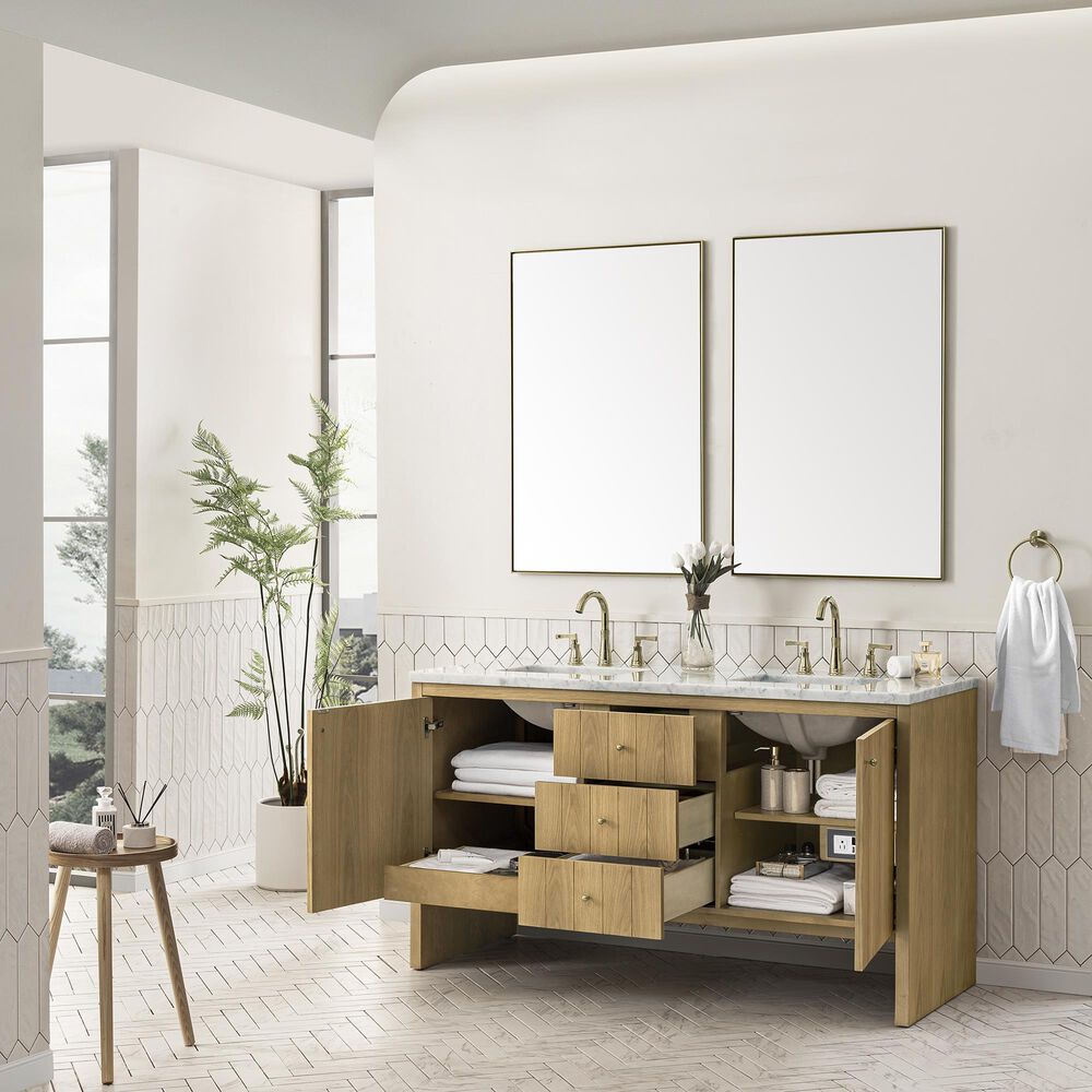 James Martin Vanities Hudson 60&quot; Double Bathroom Vanity in Light Natural Oak with 3 cm Carrara White Marble Top and Rectangular Sinks, , large