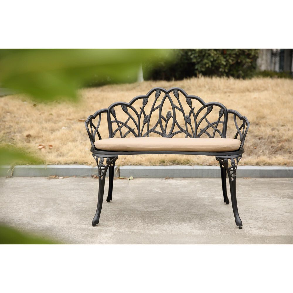 Hearth and Haven Outdoor Tulip Garden Bench with Brown Cushion in Black, , large