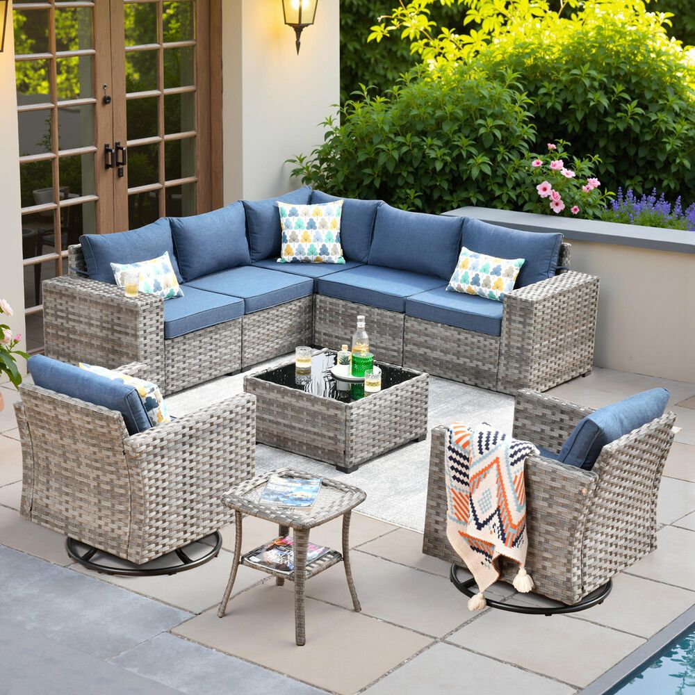 HOMLUX 9-Piece Wicker Sectional Patio Furniture Set in Denim Blue, , large