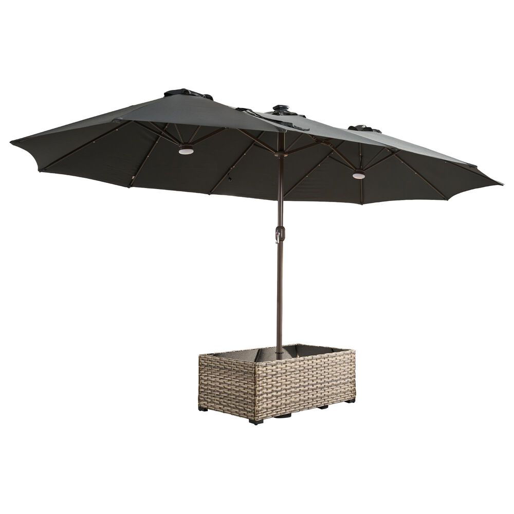 HOMLUX 2-Piece 14.5 ft Patio Umbrella and All-weather Rattan Rectangular Coffee Table Outdoor Set in Dark Gray, , large