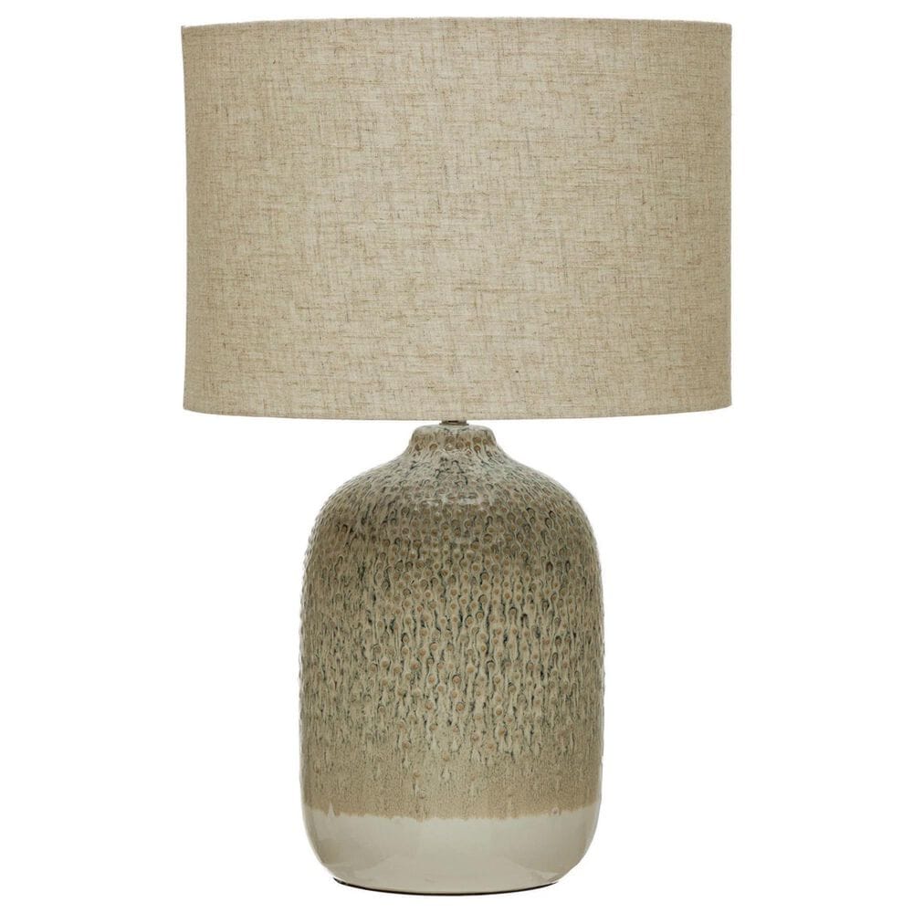 Teak Interiors Stoneware Table Lamp with Linen Shade in Taupe Reactive Glaze, , large