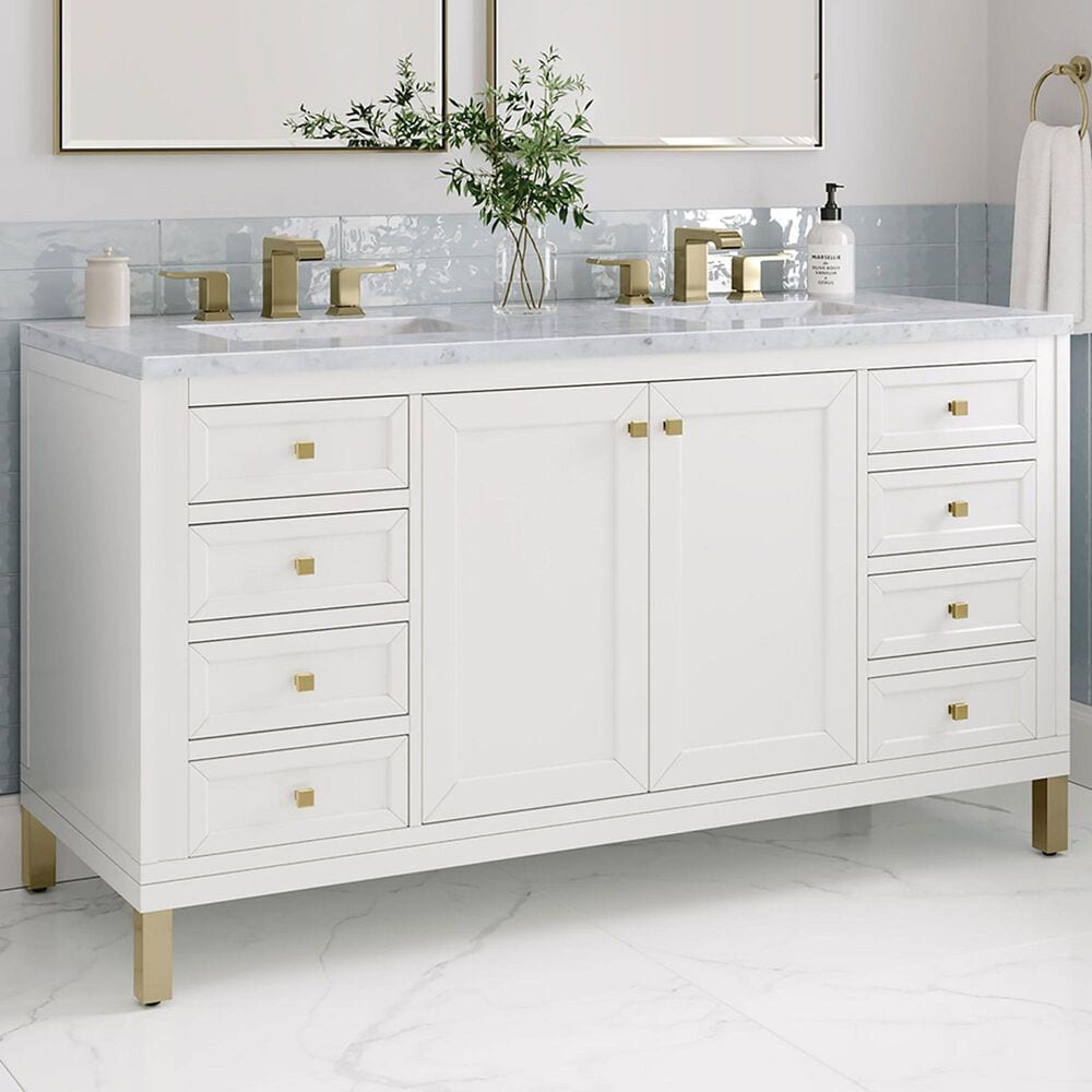 James Martin Vanities Chicago 60&quot; Double Bathroom Vanity in Glossy White with 3 cm Carrara White Marble Top and Rectangular Sinks, , large