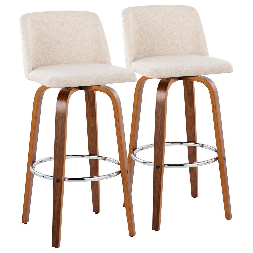 LumiSource Toriano Swivel Bar Stool with Cream Noise Fabric Upholstery in Walnut and Chrome (Set of 2), , large