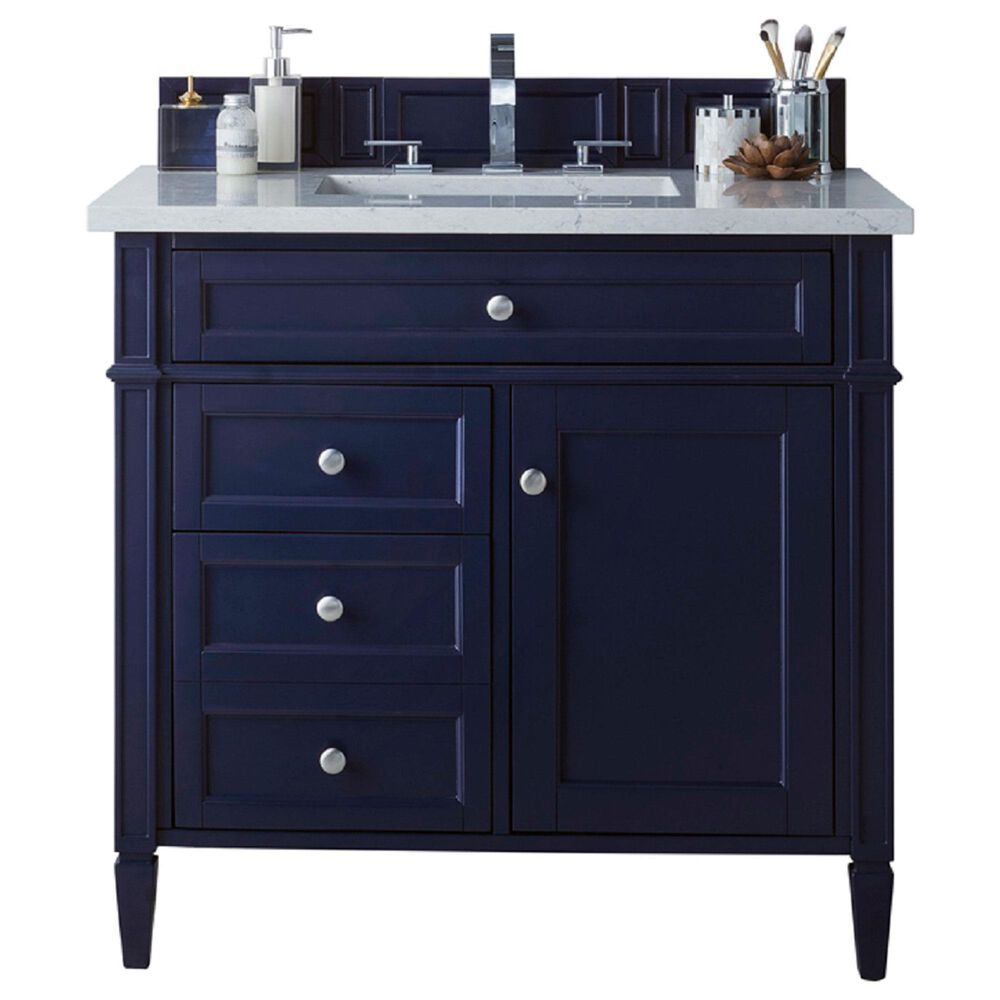 James Martin Vanities Brittany 36" Single Bathroom Vanity in Victory Blue with 3 cm Carrara White Marble Top and Rectangle Sink, , large