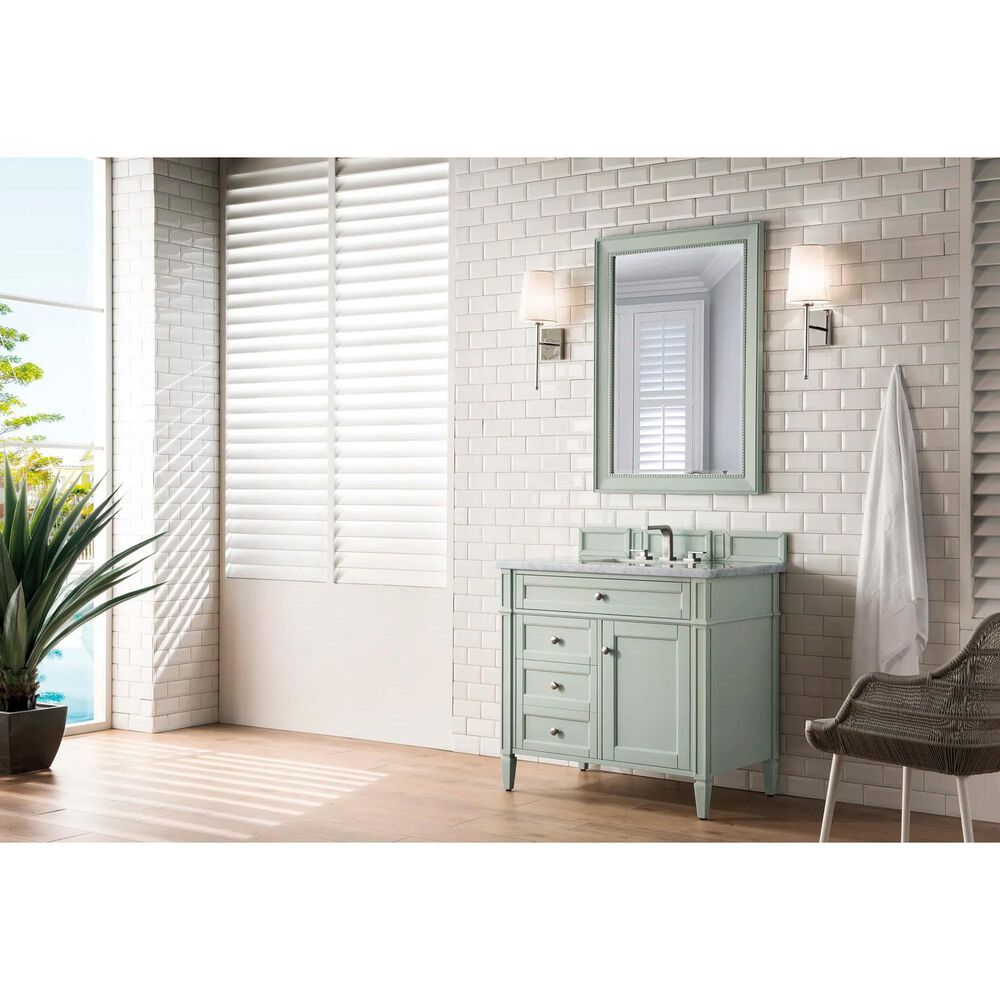 James Martin Vanities Brittany 36&quot; Single Bathroom Vanity in Sage Green with 3 cm Carrara White Marble Top and Rectangle Sink, , large