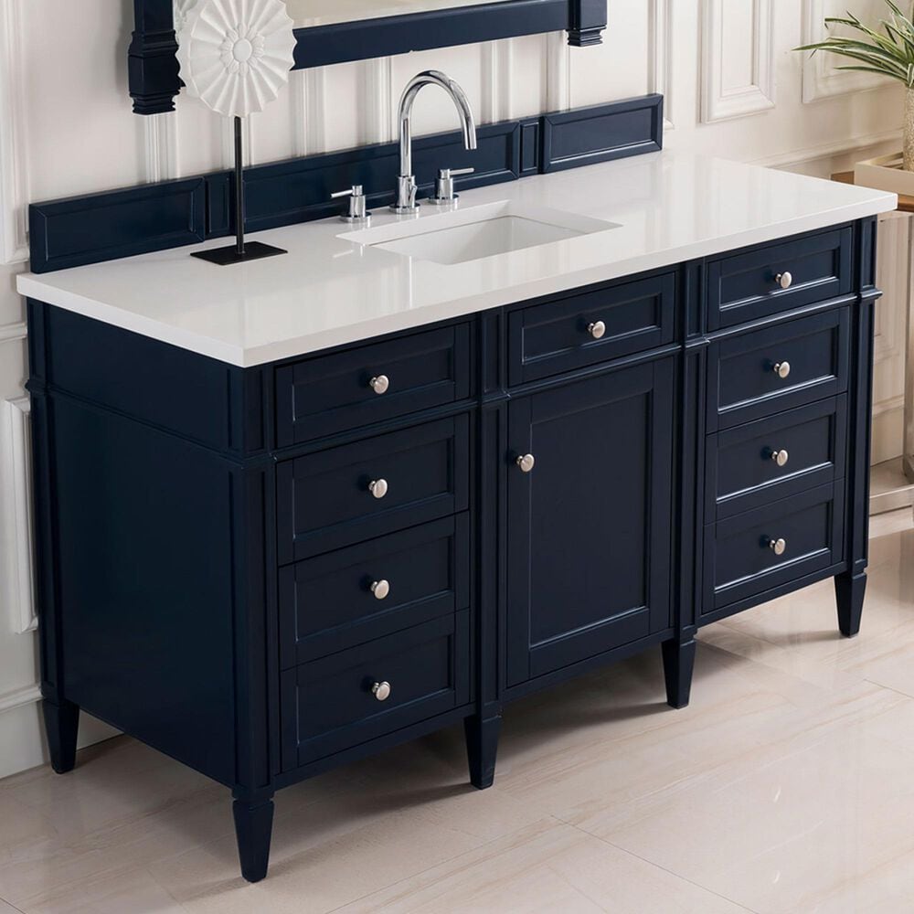 James Martin Vanities Brittany 30" Single Bathroom Vanity in Victory Blue with 3 cm White Zeus Quartz Top and Rectangular Sink, , large