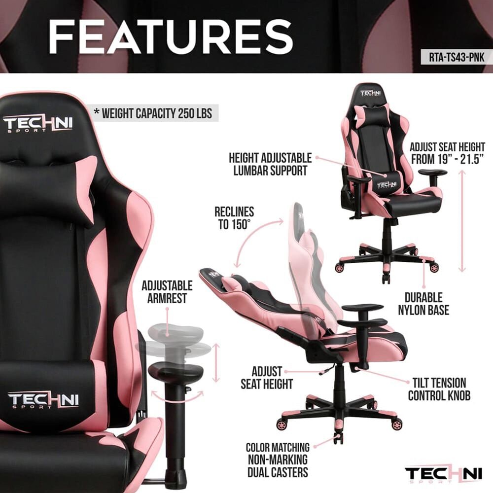 Techni Sport ProGamer2 Gaming Chair in Black and Pink, , large