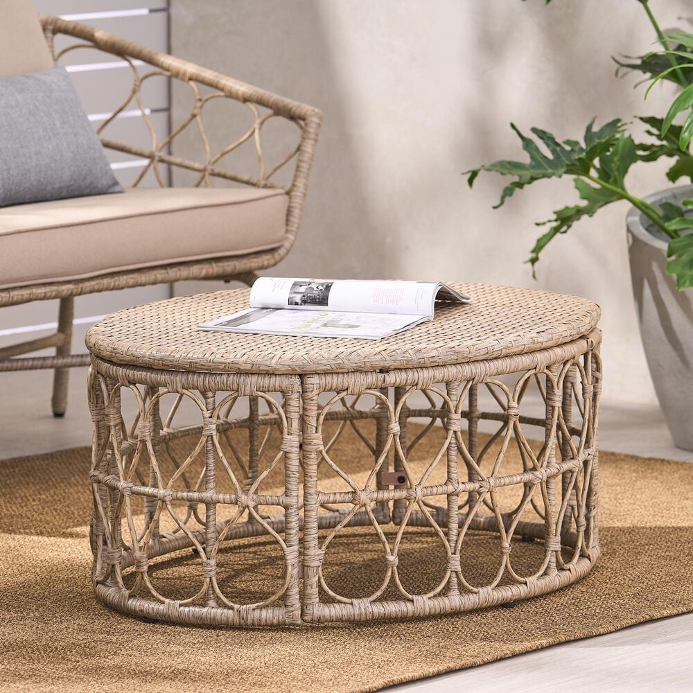 Hearth and Haven Bruce Outdoor Round Wicker Coffee Table with Open Lattice Design in Brown, , large
