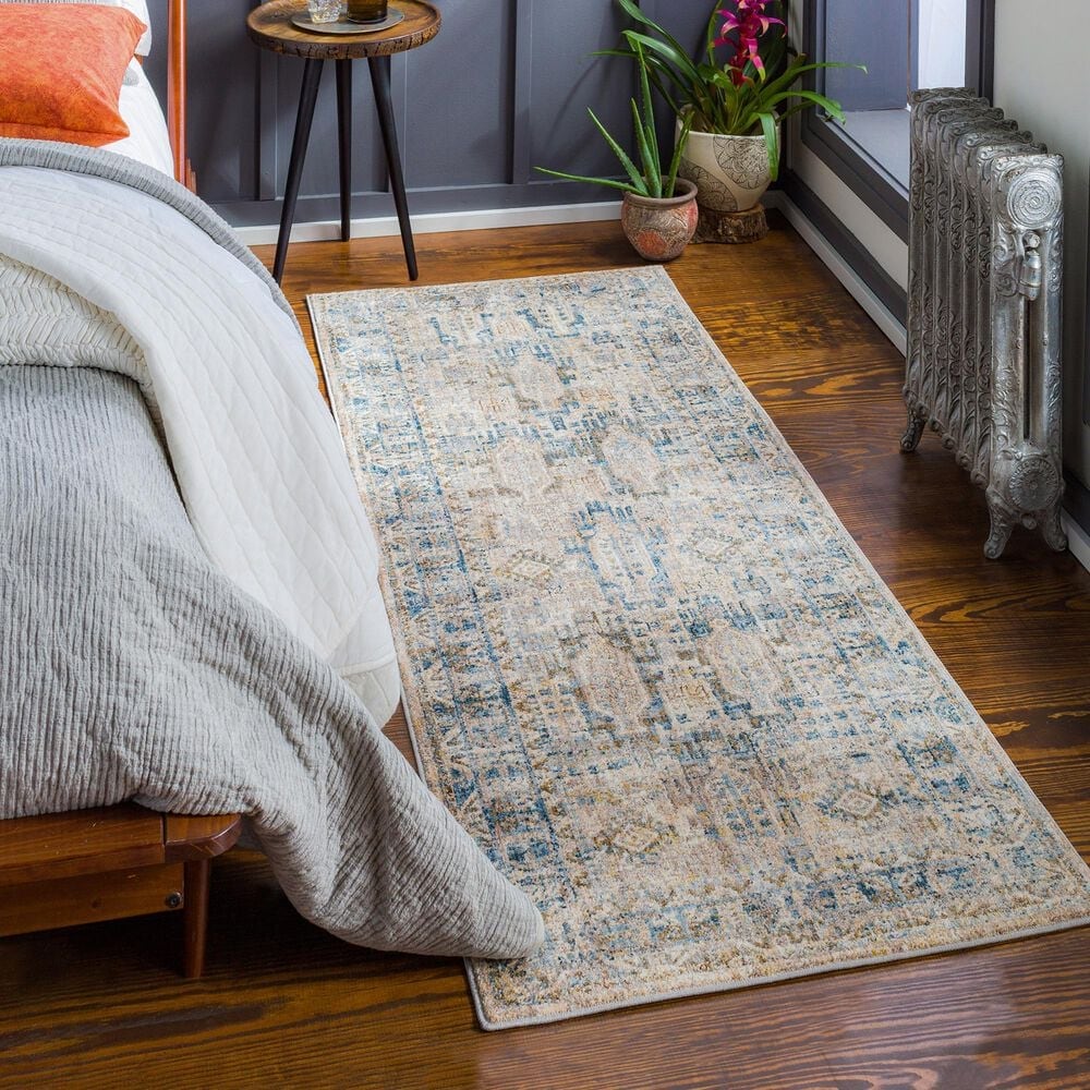 Surya Mirabel MBE-2302 2&#39;7&quot; x 10&#39; Navy, Denim, Cream, Brown, Saffron, Taupe and Gray Runner, , large