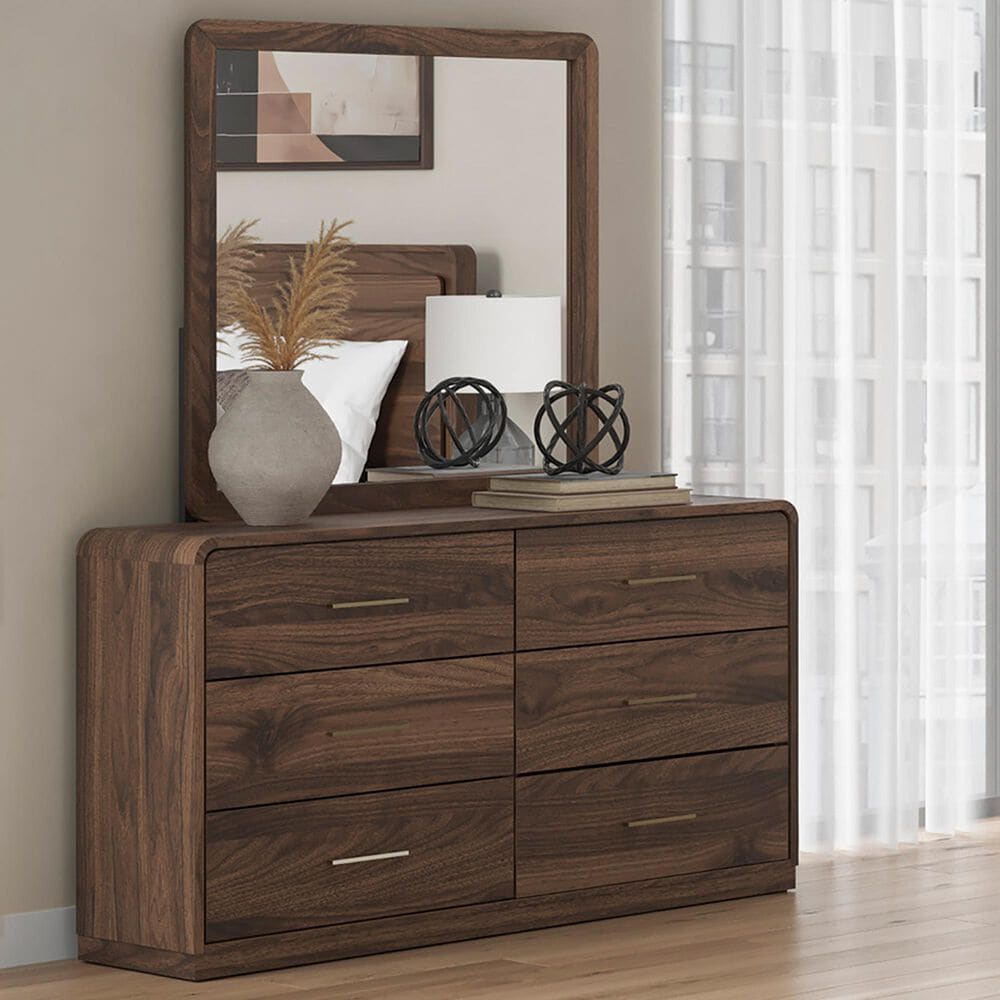 Ashley Fortlorn 6-Drawer Dresser and Mirror in Walnut Brown, , large