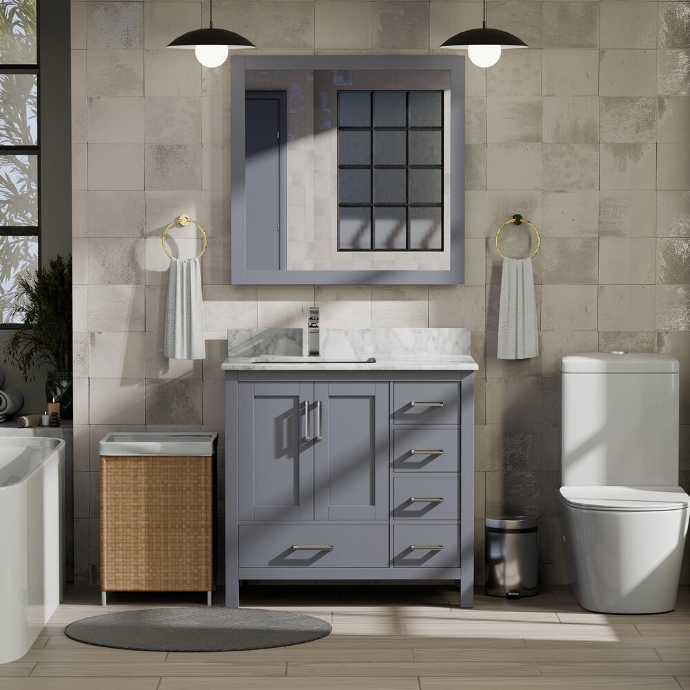 Lexora Home Jacques 36" Left Offset Single Bathroom Vanity in Dark Grey with 2 cm White Carrara Marble Top and Rectangular Sink, , large