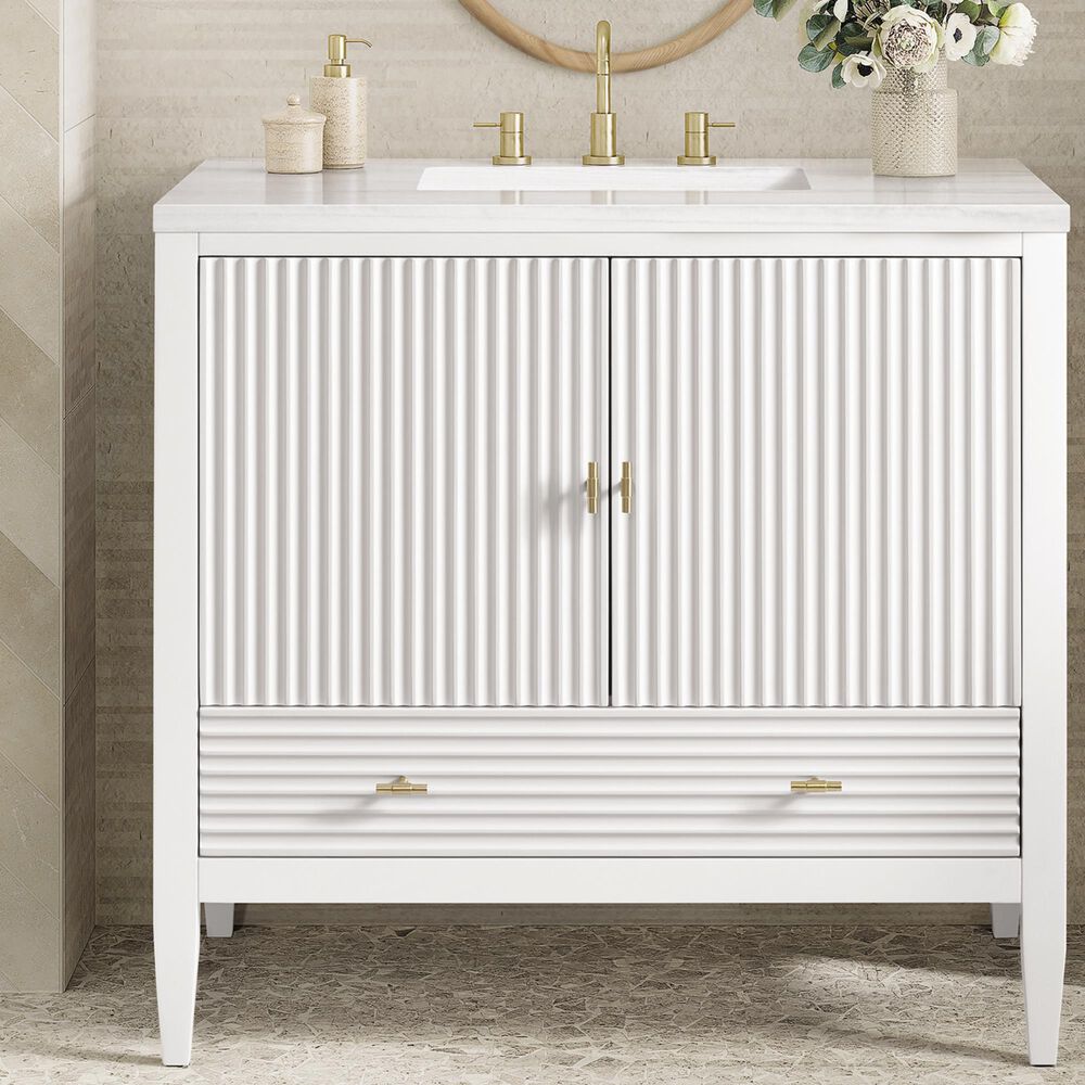 James Martin Vanities Myrrin 36&quot; Vanity in Bright White with 3 cm Arctic Fall Solid Surface Top, , large
