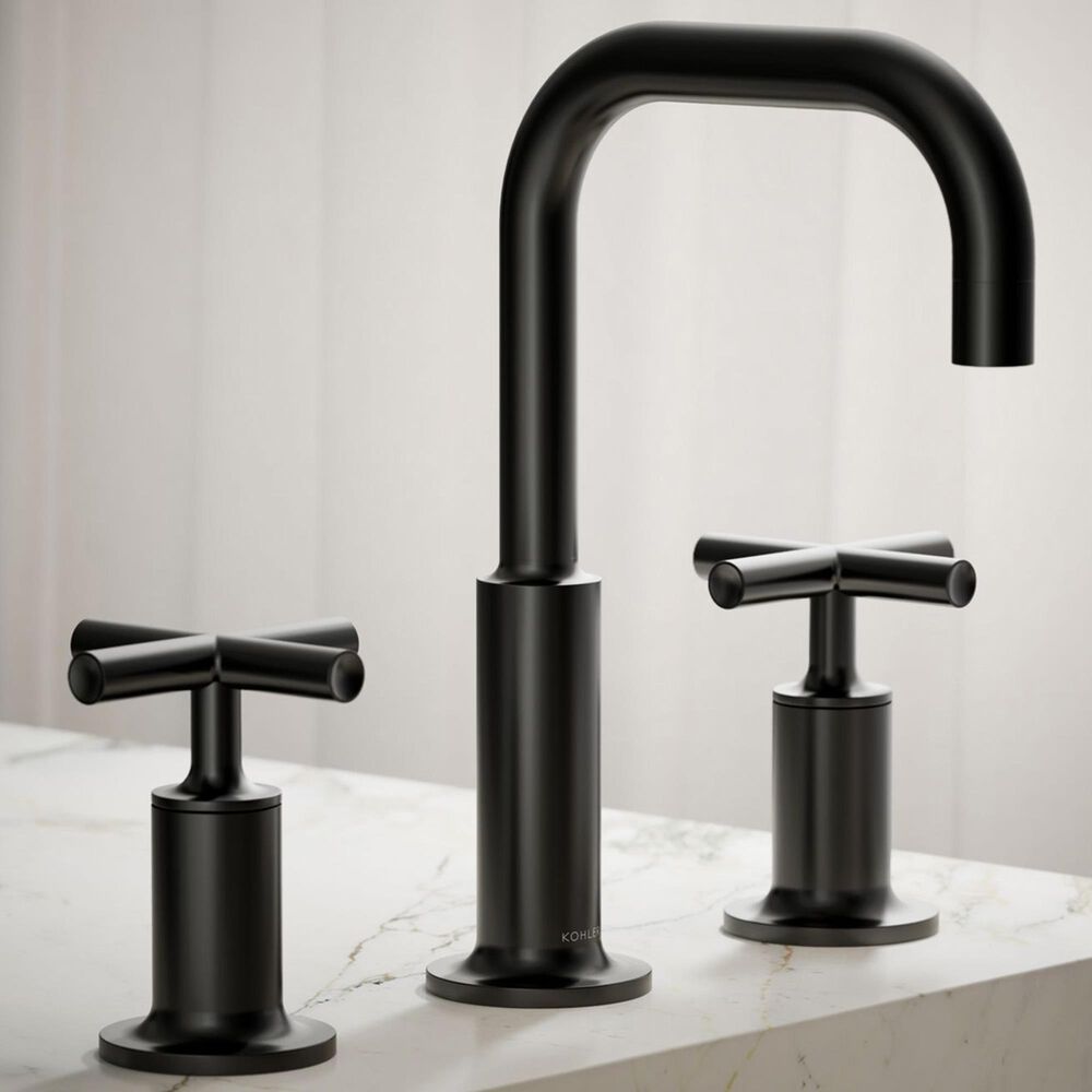 Kohler Purist Widespread Bathroom Sink Faucet with Cross Handles and High Gooseneck Spout in Matte Black, , large