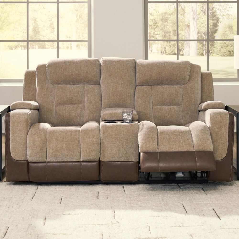 Ashley Mixed Motion Power Reclining Loveseat with Console in Brownstone, , large