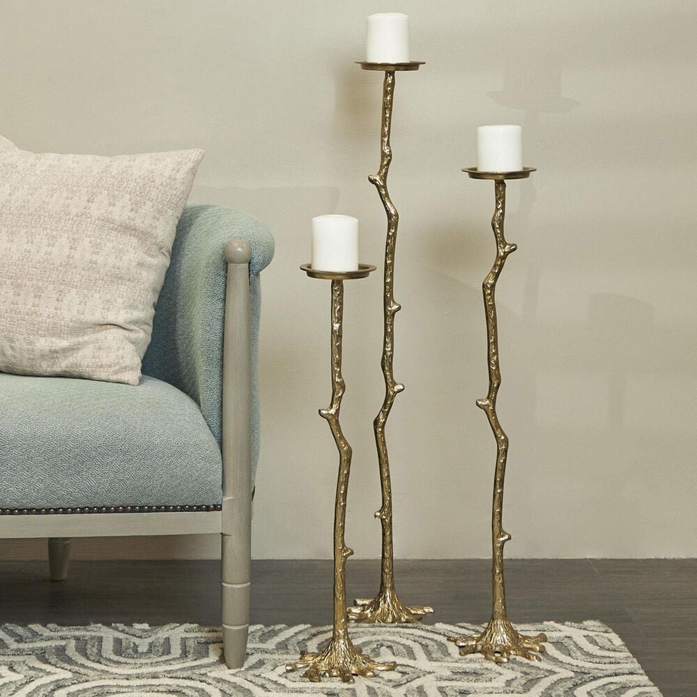 Maple and Jade Tall Floor Textured Metallic Abstract Decorative Candle Holder with Stick Inspired Design in Gold &#40;Set of 3&#41;, , large
