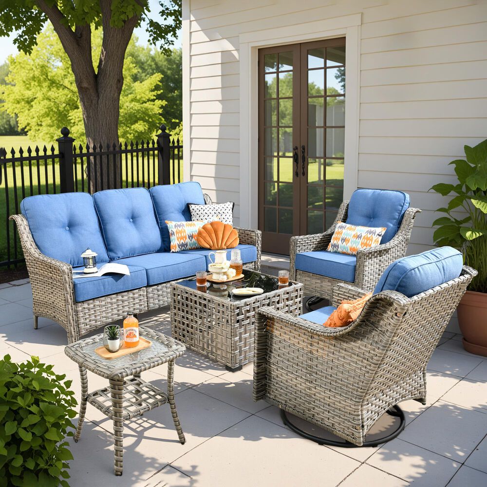 HOMLUX 5-Piece Outdoor Conversation Set with Solar Lighting Table in Diamond Blue, , large