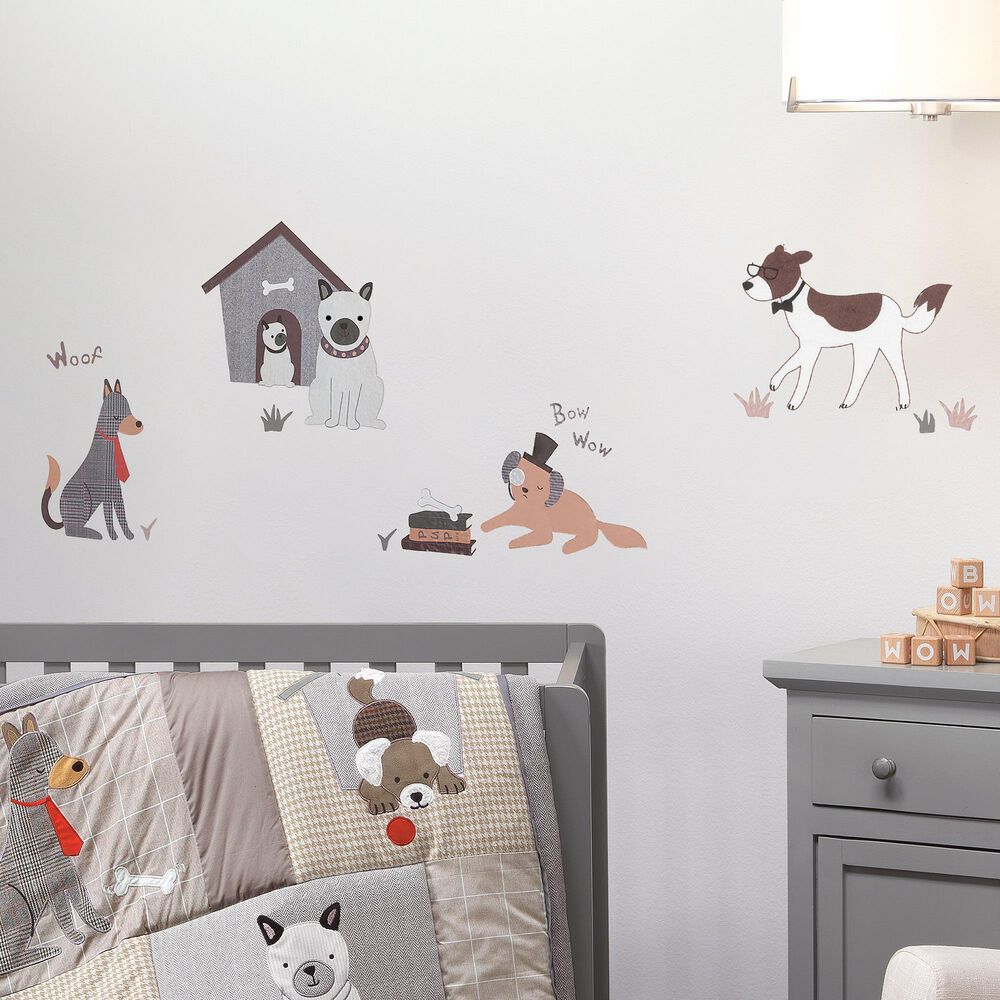 Lambs and Ivy Bow Wow Puppy with Doghouse Wall Decals in Gray and Beige, , large