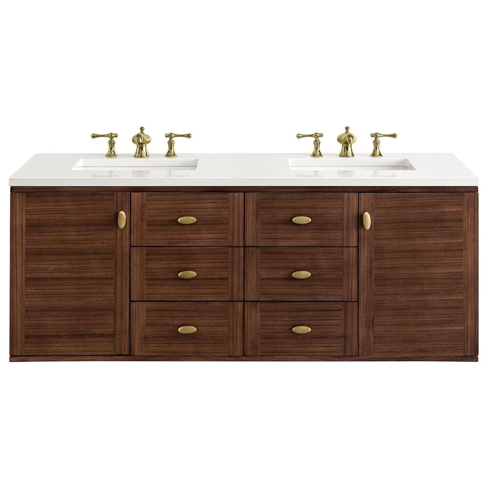 James Martin Vanities Amberly 60&quot; Double Bathroom Vanity in Walnut with 3 cm Carrara White Marble Top and Rectangular Sinks, , large