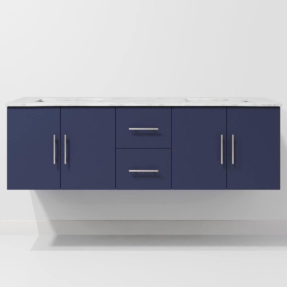 Lexora Home Geneva 60" Double Bathroom Vanity in Navy Blue with 2 cm White Carrara Marble Top and Rectangular Sinks, , large