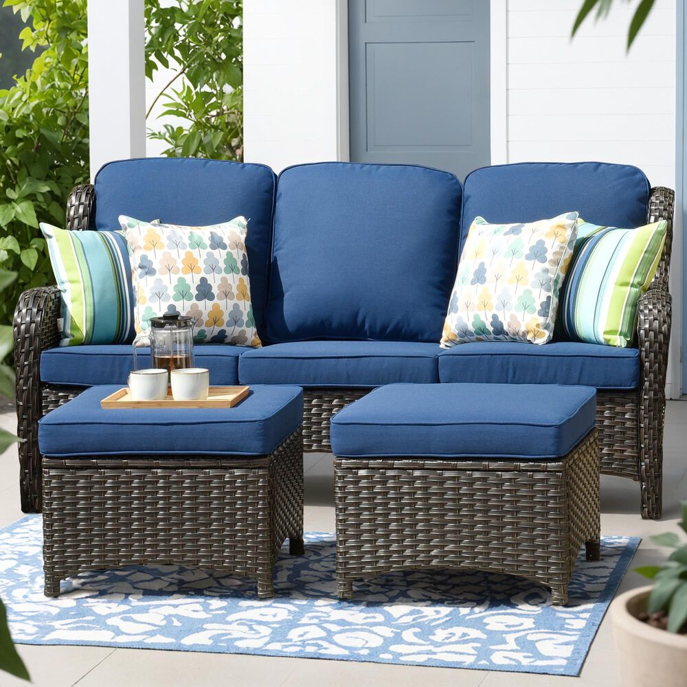 HOMLUX 3-Piece 72" Patio Sofa and Ottoman Set with Brown Wicker in Navy Blue, , large