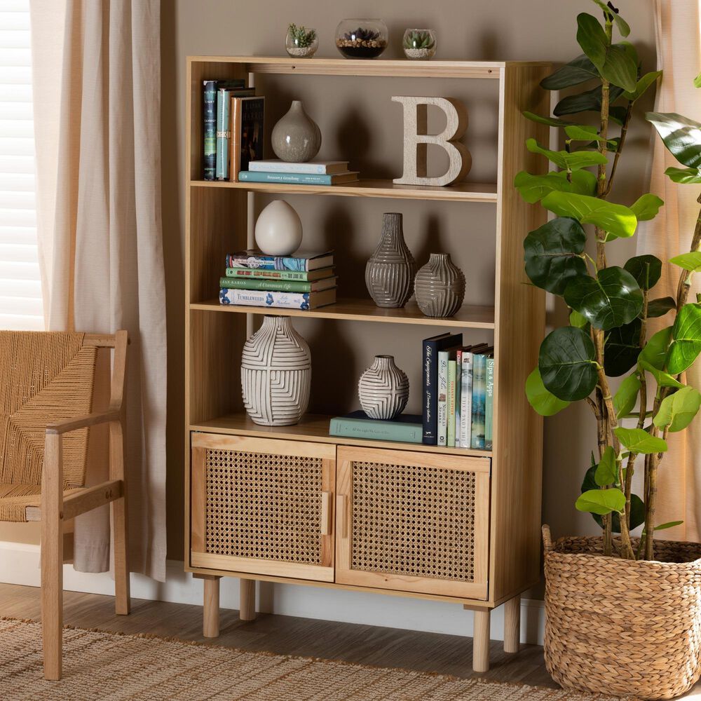 Baxton Studio Faulkner 2-Door Bookcase in Beige and Natural Brown, , large