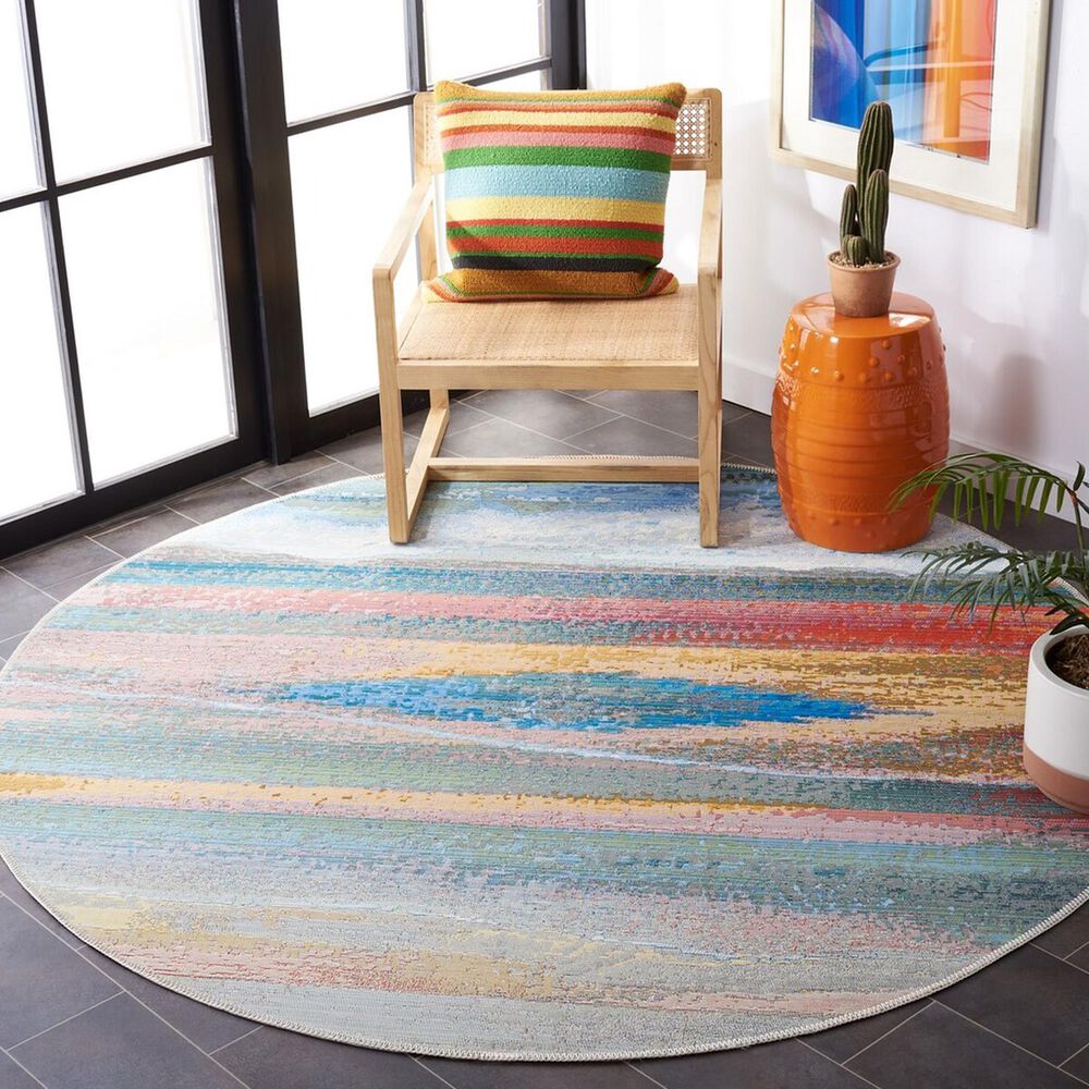Safavieh Barbados Abstract Sunset 8&#39; Round Light Blue and Pink Indoor/Outdoor Area Rug, , large