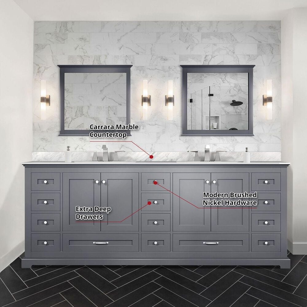 Lexora Home Dukes 84&quot; Double Bathroom Vanity in Dark grey with 2 cm White Carrara Marble Top and Rectangular Sinks, , large