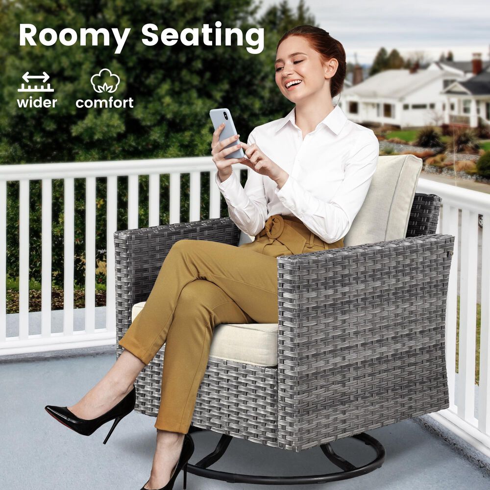 HOMLUX 3-Piece Patio Conversation Set with Square-Arm Swivel Rocking Chairs in Beige, , large