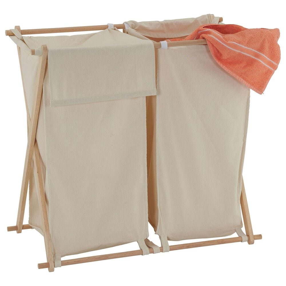 Household Essentials Collapsible Double X-Frame Laundry Hamper Sorter with Poly-Cotton Bags in Natural, , large