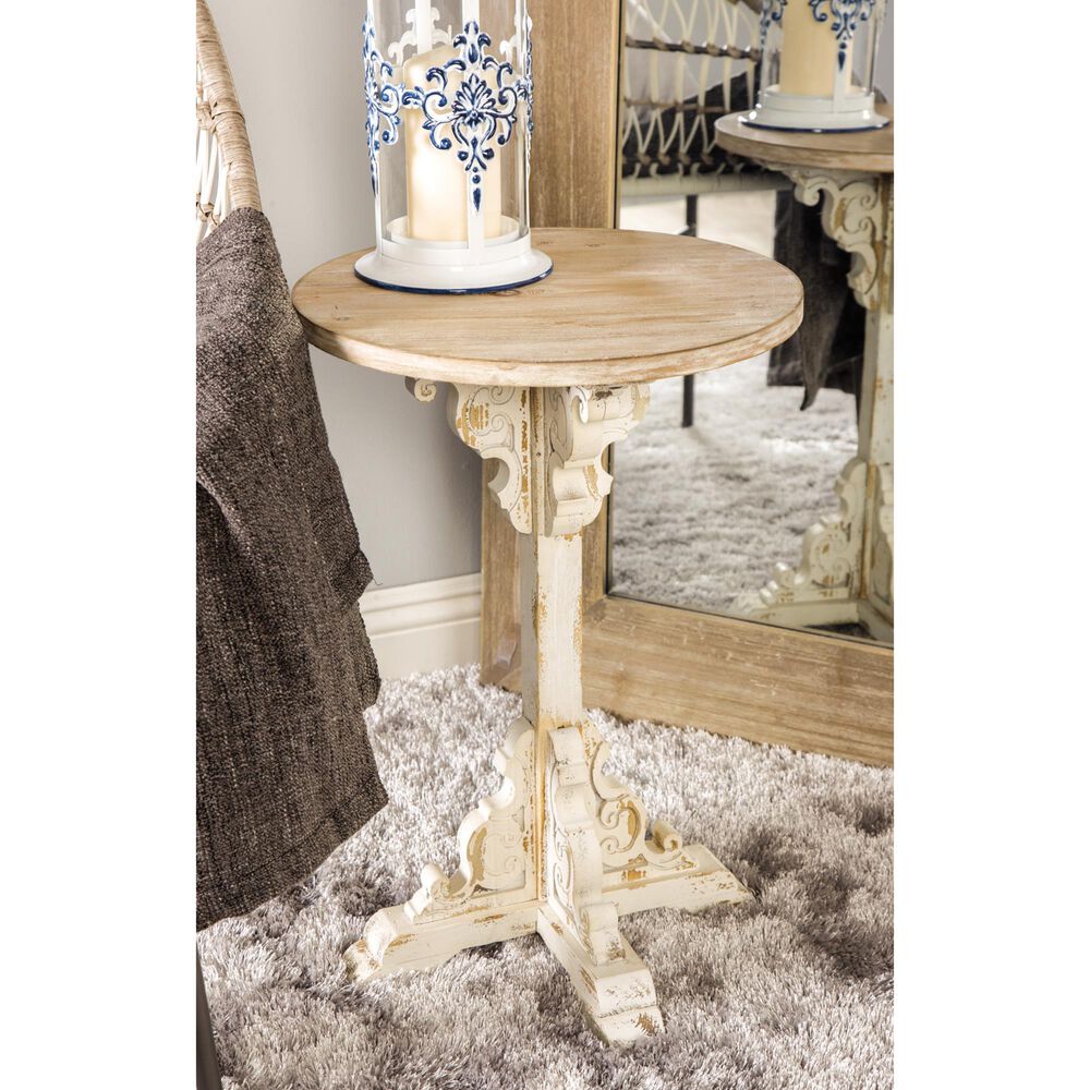 Maple and Jade Pedestal Scroll Accent End Table in Distressed White and Dark Brown, , large