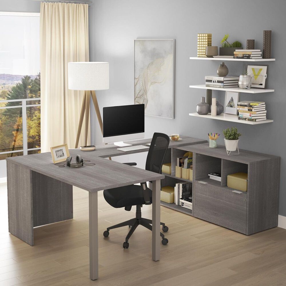 Bestar i3 Plus 1-File Drawer U-Desk in Bark Gray, , large