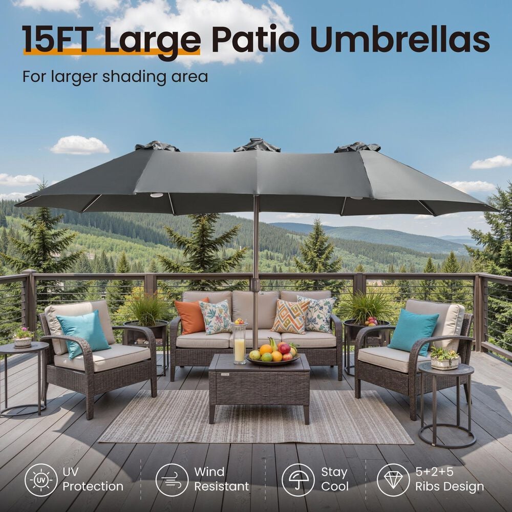 HOMLUX 15' Outdoor Market Umbrella with RGB Lights and Sandbags Base in Dark Grey, , large