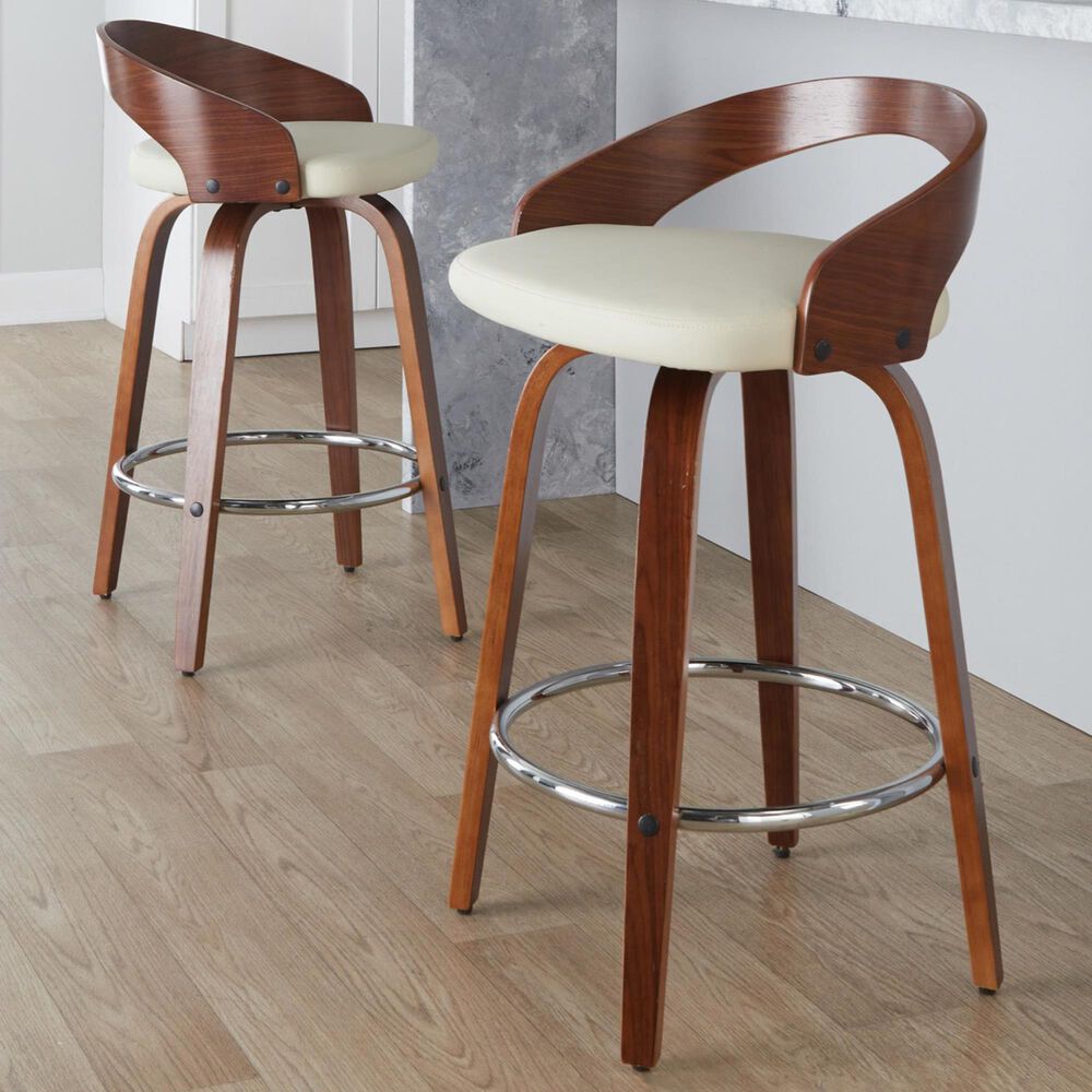 LumiSource Grotto 26" Swivel Counter Stool with Cream Faux Leather Upholstery in Walnut and Chrome (Set of 2), , large