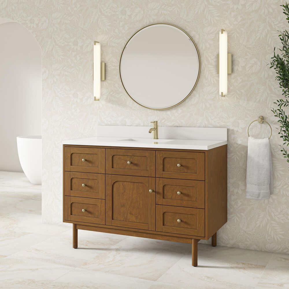 James Martin Laurent 48" Single Bathroom Vanity in Honey Oak with Single Hole 3 cm White Zeus Silestone Top and Rectangular Sink, , large