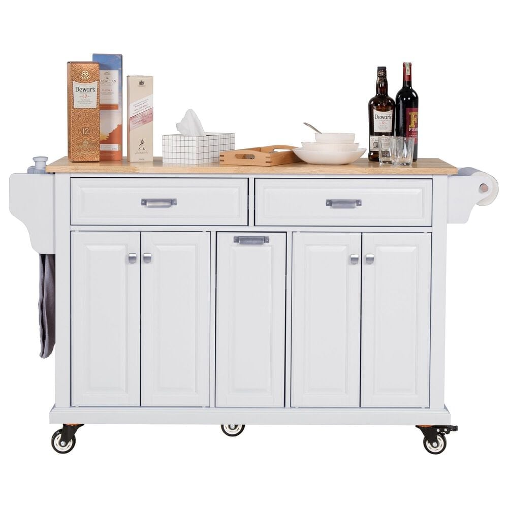 HOMLUX Kitchen Island with Rubber wood Countertop in White, , large