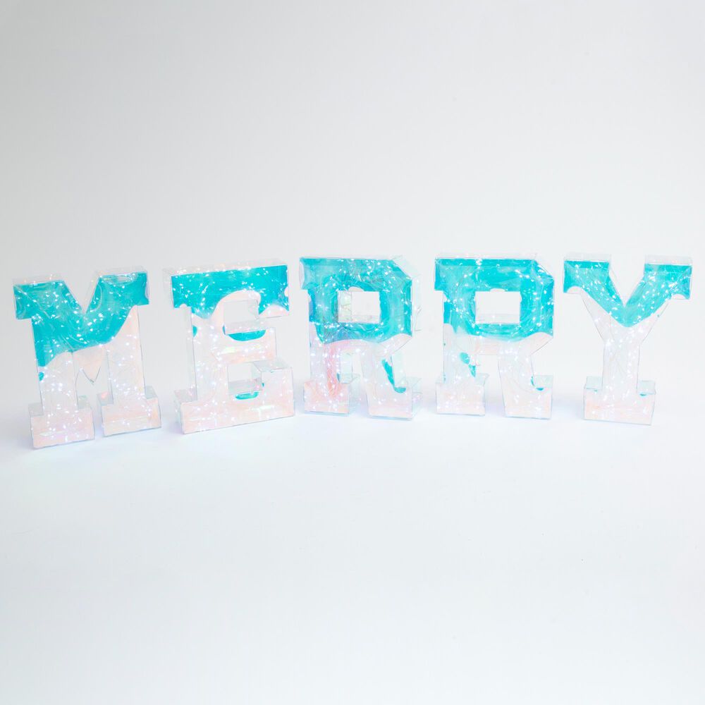 The Gerson Company 5-Piece USB Electric Lighted Holographic Holiday "MERRY" Decor Set in White, , large