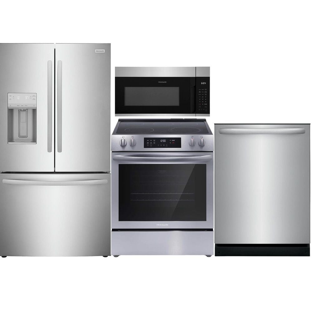 Frigidaire 4 PC Kitchen Package with 22.6 Cu. Ft. Counter-Depth French Door Refrigerator, 30" Front Control Electric Range Ceramic with Top Convection, 1.8 Cu. Ft. OTR Microwave, and 24" Built-In Dishwasher with DishSense and MaxDry, , large