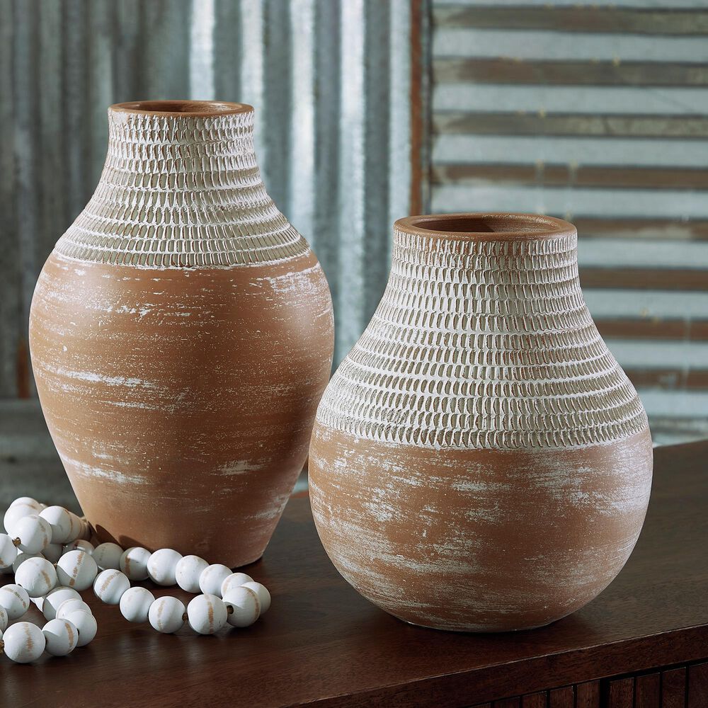 Ashley Reclove 10.5&quot; Vase in Distressed White and Brown, , large
