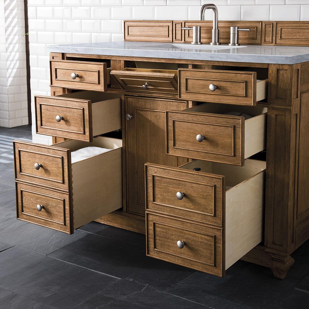 James Martin Vanities Bristol 48&quot; Single Bathroom Vanity in Saddle Brown with 3 cm Carrara White Marble Top and Rectangular Sink, , large