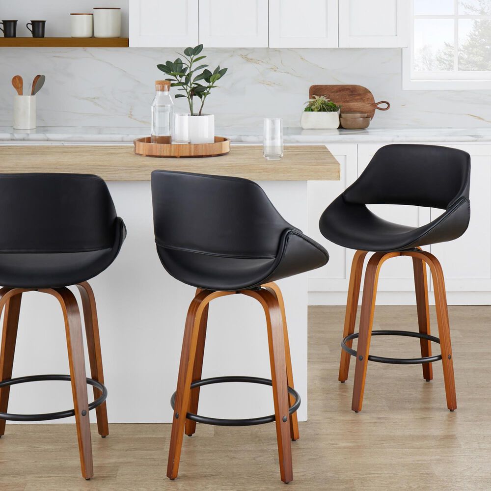 LumiSource Fabrico 26" Swivel Fixed-Height Counter Stool with Black Faux Leather Upholstery in Black and Walnut (Set of 2), , large