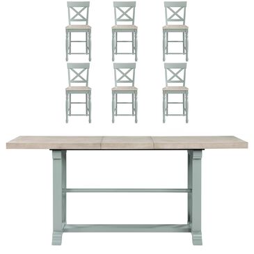 Steve Silver Darcy Counter Height Trestle Dining Table and 6 Dining Side Chairs in Natural and Green, , large