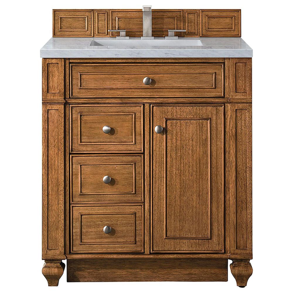 James Martin Vanities Bristol 30" Single Bathroom Vanity in Saddle Brown with 3 cm Carrara White Marble Top and Rectangular Sink, , large