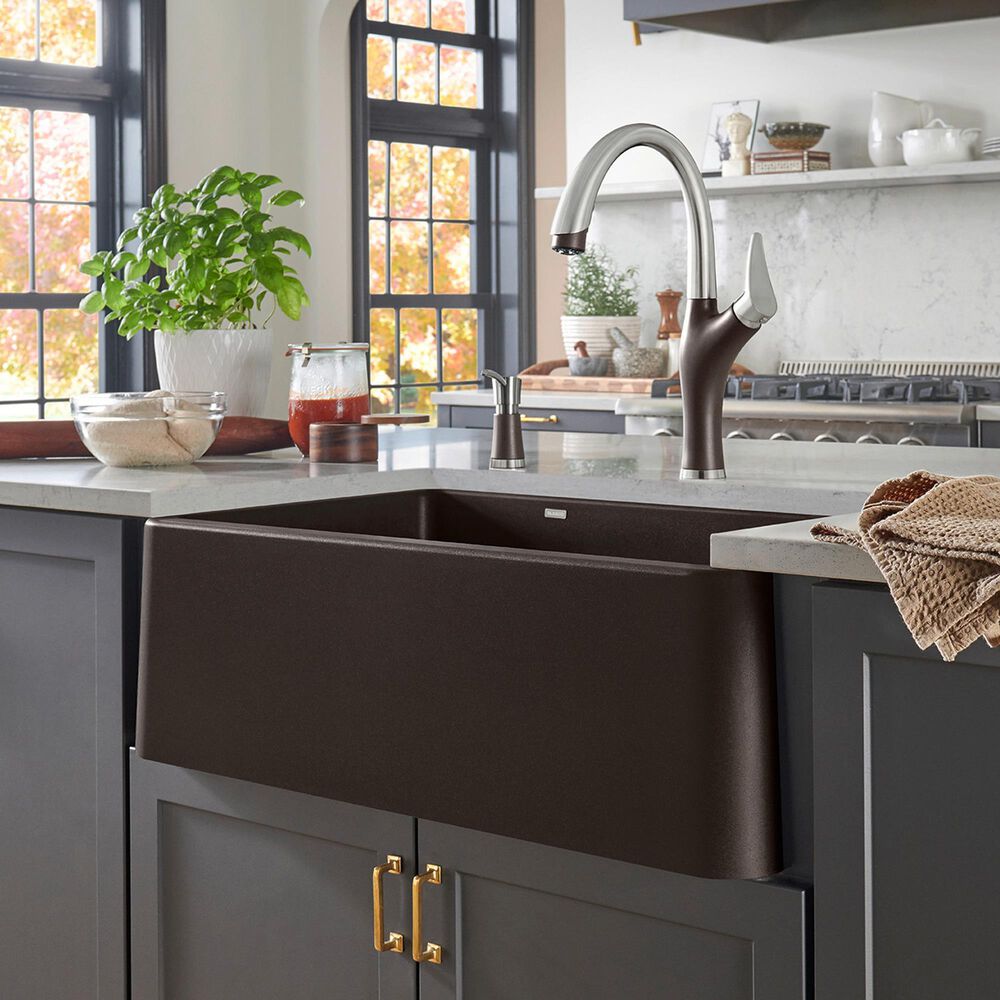 Blanco Ikon 33&quot; Apron Double Bowl Farmhouse Sink with Low Divide in Cafe, , large