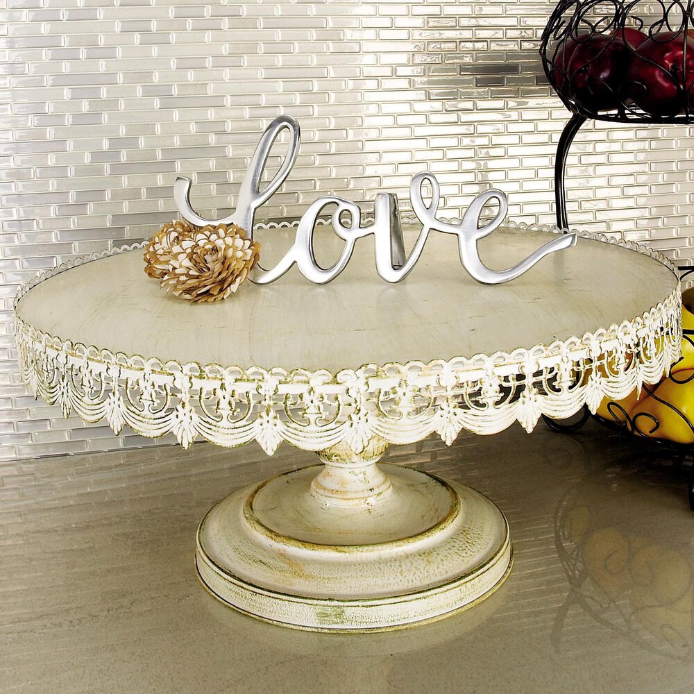 Maple and Jade Floral Cake Stand with Lace Inspired Edge in Distressed Cream, Black and Brown, , large