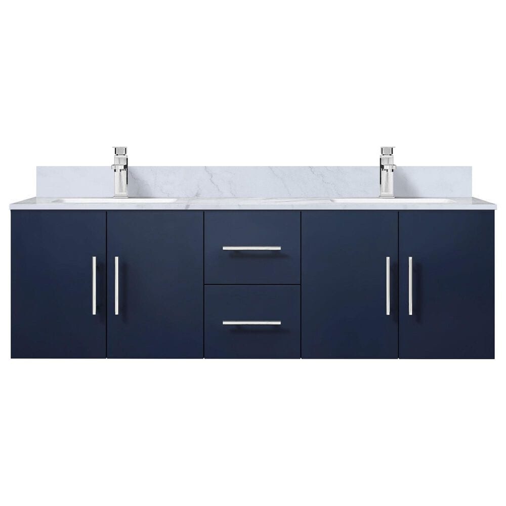 Lexora Home Geneva 60&quot; Double Bathroom Vanity in Navy Blue with 2 cm White Carrara Marble Top and Rectangular Sinks, , large